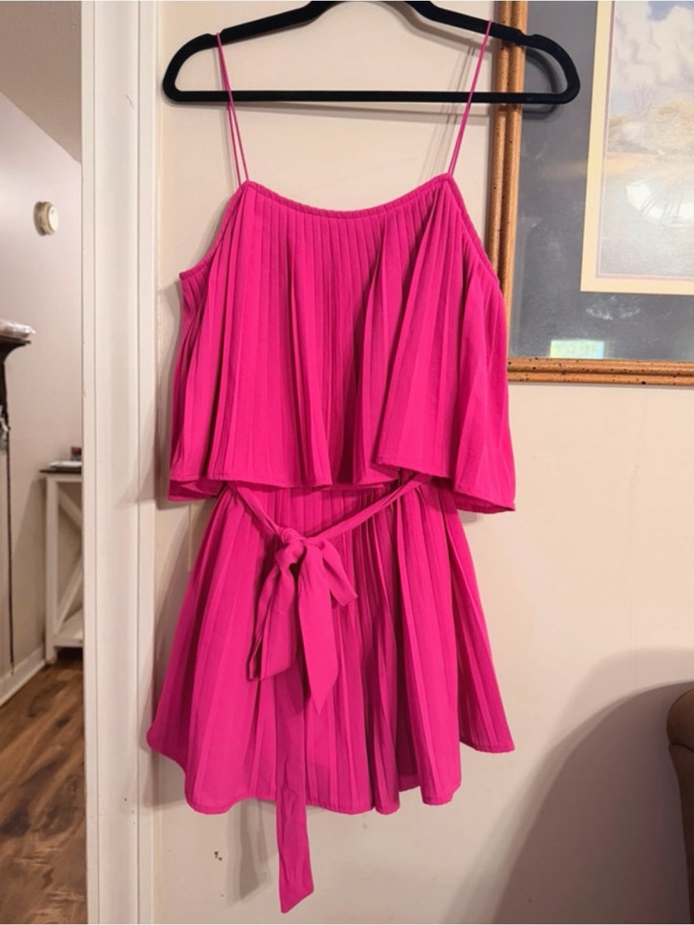 She & Sky Hot Pink Pleated Spaghetti-Strap Dress with Tie Waist